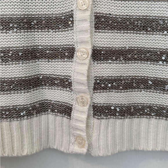 CROPPED STRIPED SEQUINED CARDIGAN/SWEATER. ARIZONA CABLE KNIT, 5 BUTTON UP STYLE - Picture 10 of 16